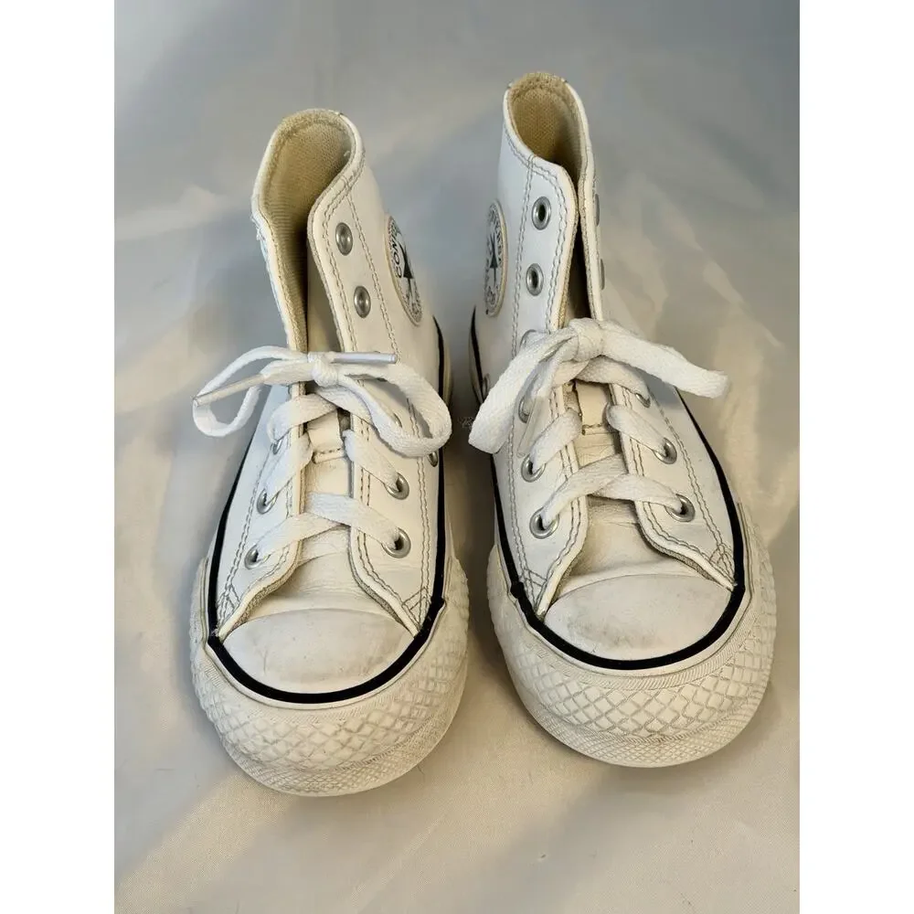 White Leather Platform Converse Trainers Youth Size 12 Hi Tops All Stars